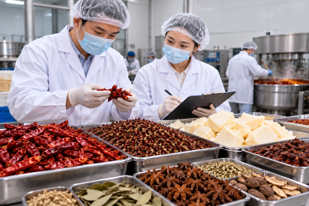 火锅底料生产区域内工作人员检查辣椒和香辛料原料并记录批次信息