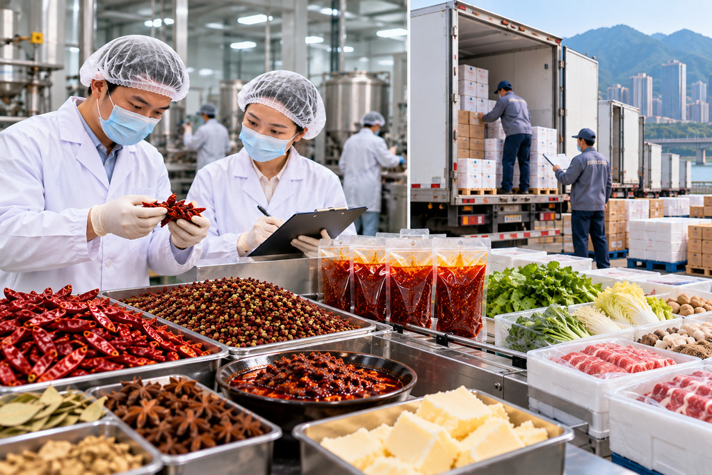 食品企业采购与品控人员查看火锅底料产品资料、检测文件和不同批次样品